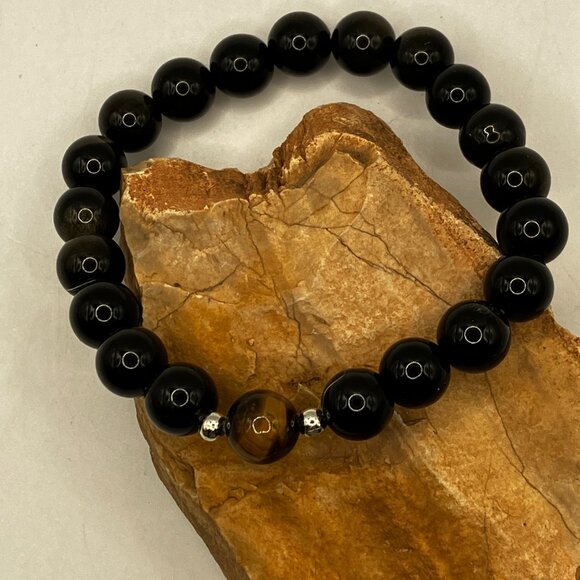 Men's Black Obsidian Gemstone Stretch Bracelet Handmade Brand New - Picture 3 of 5